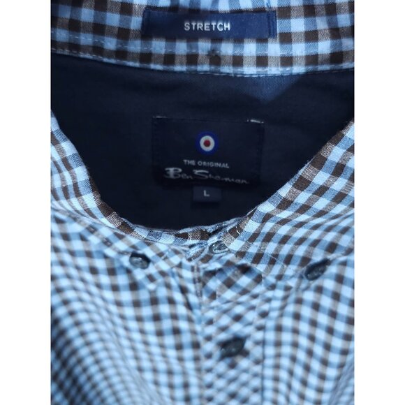 Ben Sherman Men's Blue & Brown Gingham Stretch Long Sleeve Button-Up Shirt - Picture 2 of 8